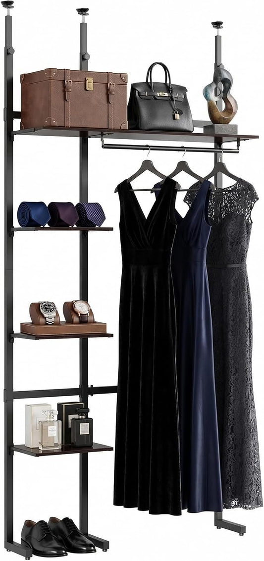 MZG Closet Organizer System, Freestanding Closet System with Wood Shelves & Hanging Rod, Adjustable Floor-to-Ceiling Open Wardrobe for Bedroom, Apartment & Small Closet (16.8"D x 48.4"W x 137.7"H)