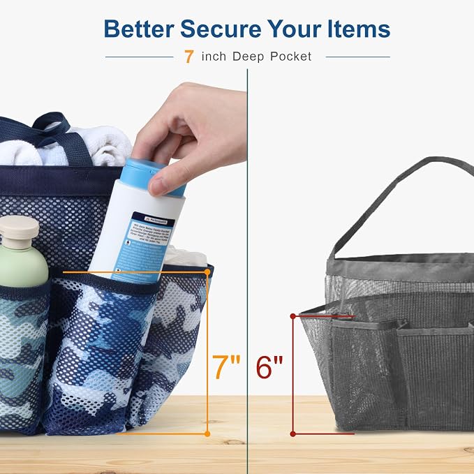 Mesh Shower Caddy Portable - 8 Pockets, S-Hook, Shower Bag for Dorm Camping | 2-Handle, Quick-Dry, Toiletry Organizer, College Dorm Room Essentials for Girls, Gym, Travel & Bathroom, Blue Camouflage