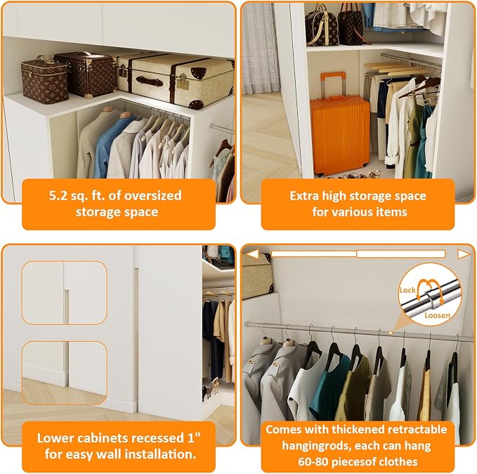 Vomavex Corner Closet System with 3 Hanging Rods, 30.8”-70.2” L Shaped Freestanding Closet Organizer for Walkin Closet, Corner Wardrobe, White