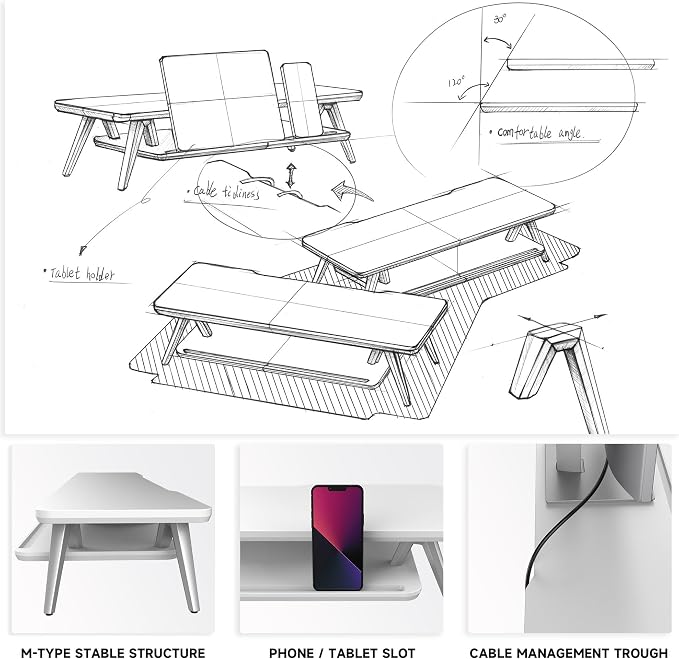 Fenge Monitor Stand Riser, Wooden Desk Shelf with 2-Tier Storage | 23.6-Inch Wide, Sturdy Aluminum Legs, Built-In Phone & Tablet Slot, Desktop Organizer for Office Accessories