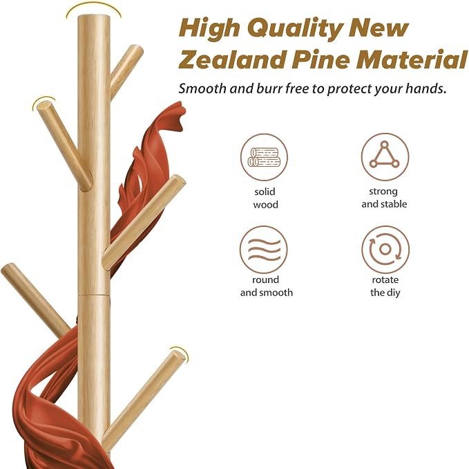 8-Hook Freestanding Coat Rack 3 Adjustable Heights Nature 2PCS | Easy Tool-Free Setup,Ideal for Entryway Bedroom Hallway Office,Holds Clothes Hats Handbags,Space-Saving Vertical Design