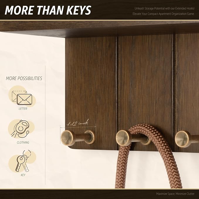 Rebee Vision Small Key Holder Wall Mount with 4 Hooks for Entryway, Brown | Key and Mail Holder for Wall, Mail Organizer, Mini Floating Shelf, Plant Display, Apartment Aesthetic, Compact Storage