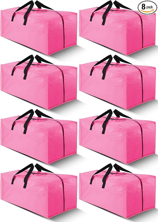 Cosy Family 8 Pack Heavy Duty Extra Large Moving Bags with Backpack Straps - Strong Handles & Zippers, Storage Totes For Space Saving, Fold Flat, Alternative to Moving Box (40 gal, Pink)