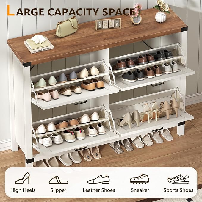 47" Farmhouse Shoe Cabinet with 4 Flip Drawers for Entryway, Hallway | Slim Shoe Rack Freestanding Shoe Organizer with Barn Door, Brown and White