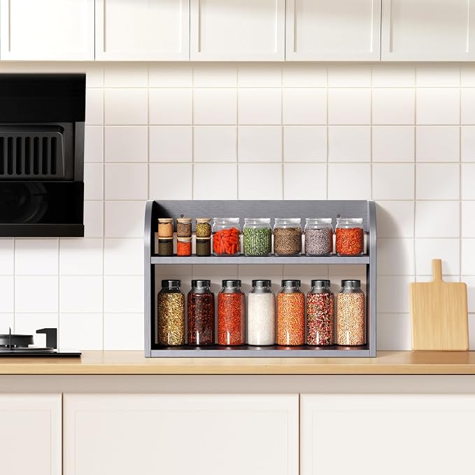 ROMGUAR CRAFT 2 Tier Bamboo Spice Rack, Countertop or Wall Mounting Wood Spice Jars Organizer Shelf for Kitche, Pantry (Grey)