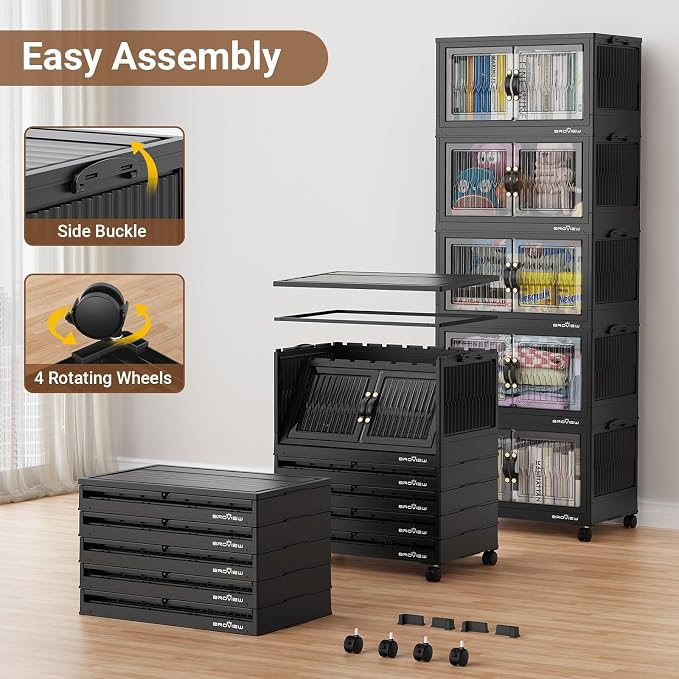 BROVIEW 240 Qt Stackable Storage Bins with Lid, Plastic Closet Organizers and Storage Drawer, Collapsible Storage Box with Wheels, Folding Storage Cabinet for Closet Clothes Organization, 3Pack Black