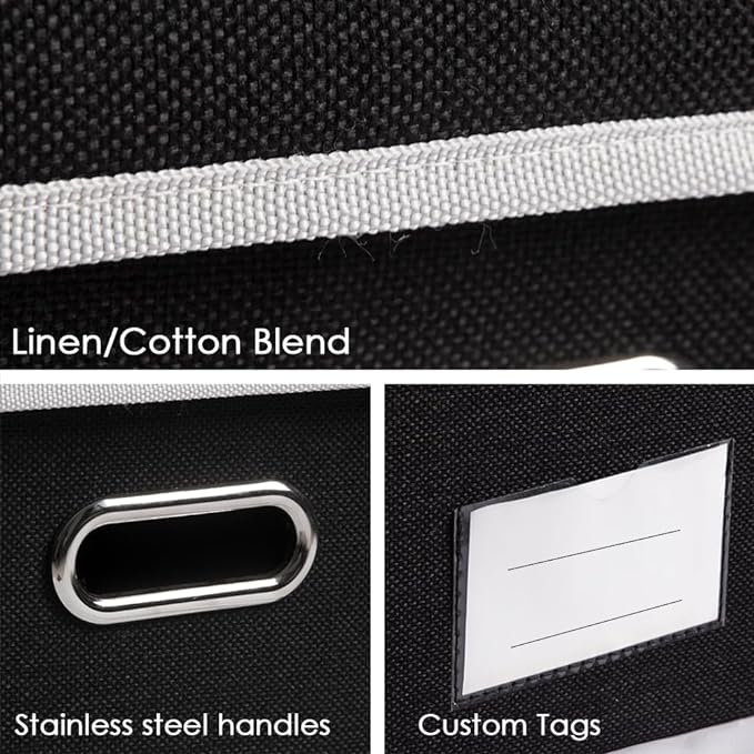 PRANDOM Foldable Storage Box with Lid [3-Pack] Fabric Collapsible Storage Bin Organizer Container Basket Cube with Cover for Home Bedroom Closet Office Nursery Black (14.9x9.8x9.8)