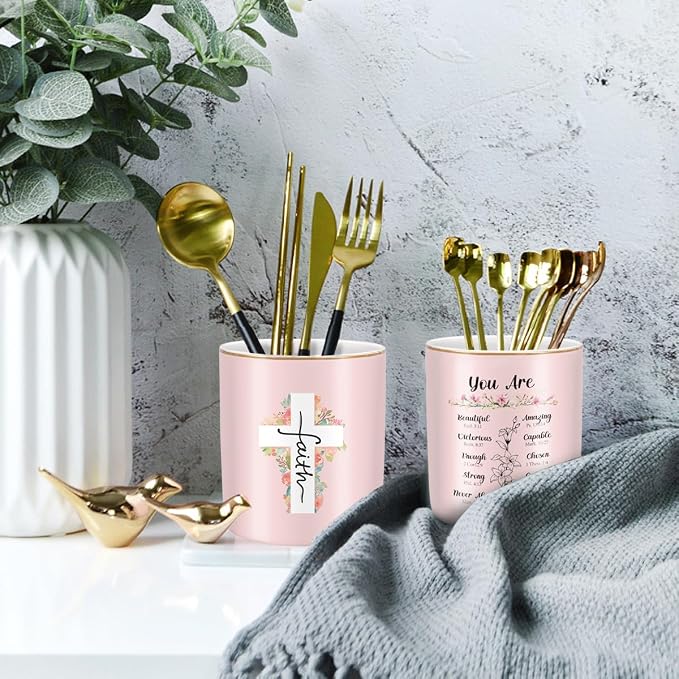 Ceramic Pen Holder for Desk Cute, Pencil Holder Cup, Makeup Brush Holder Pink, Multi-Functional Organizer for Office, Religious Style