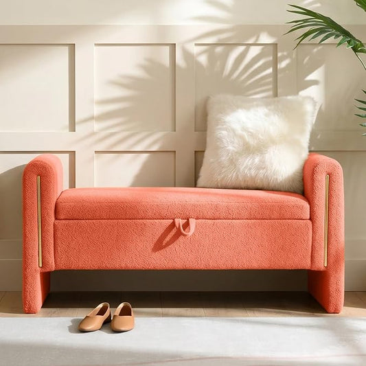 52" Flip-Top Storage Ottoman Bench, Teddy Entryway Bench (Orange) | Teddy Fleece Upholstered End of Bed Bench with Armrests, Soft Padded Window Bench for Living Room Bedroom Entryway