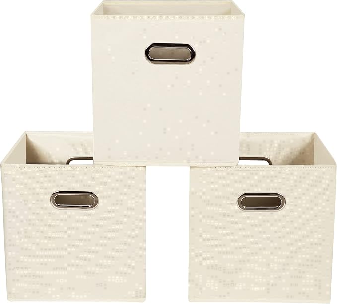 Yunkeeeper storage bins Cubes, Fabric Cube Organizer with Handle, Foldable Cube Bins for Cloth or Accessary Storage, 11x11x11, Set of 3, (Creamy White)