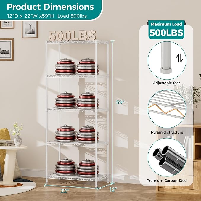 SINGAYE 5 Metal Shelves Wire Shelving Storage Shelf Adjustable Unit Pantry | 5 Tier Kitchen Laundry Room Organization Home Pantry Closet Bathroom Organizers Garage Rack 12" D x 22" W x 59" H White