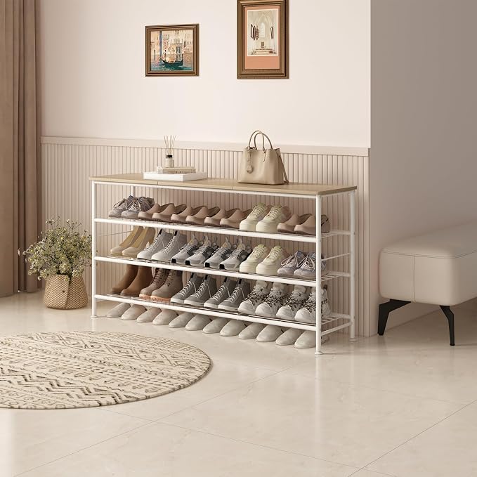 SUOERNUO 4 Tier Extra Long Shoe Rack Organizer Storage for Closet Entryway | Large Capacity Shelf,MDF Top Board,Sturdy Metal Frame,Ideal for Living Room,Hallway White