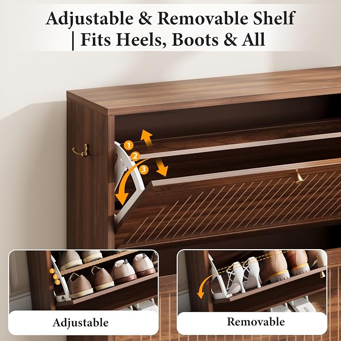 Nicetree Arch-Chic Shoe Cabinet for Entryway, Modern Mid-Century Shoe Storage Cabinet with Fluted, Narrow Shoe Rack with Adjustable Shelves & Tipping Protection, Fits Size 12 Shoes,Luminous Walnut