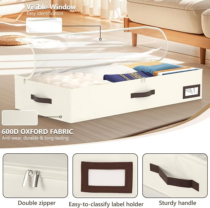 OIAHOMY 2 Pack Under Bed Storage with Handles, Underbed Container for Bedroom & Closet, Fits Beds Higher than 6", Under the Bed Storage for Seasonal Clothes, Blankets & Shoes - Beige