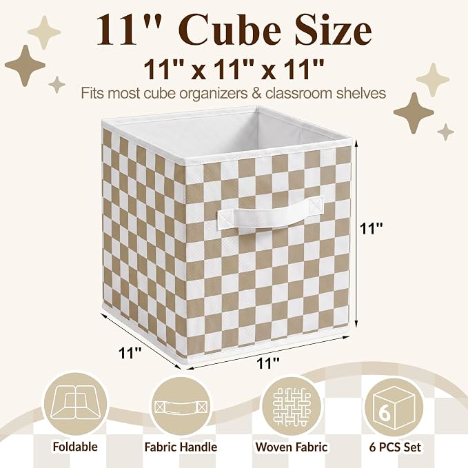 6 Pcs 11 Inch Gingham Fabric Storage Cube Bin Woven Foldable Checkered Storage Cube for Classroom Basket Bin Organizer with Handle Decor for Organizing Clothes, Toy, Book