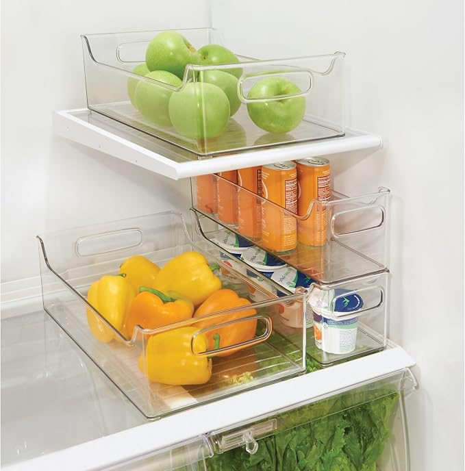 InterDesign iDesign Stackable Plastic Pantry Bin with Handles for Cabinets or Fridge, Clear, Made in USA (Pack of 4)