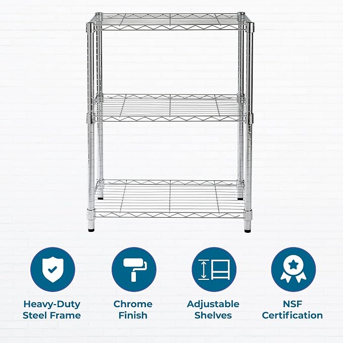 Honey-Can-Do 3-Tier Heavy Duty Adjustable Shelving Unit, 250-lb Per Shelf Metal Storage Rack, Wire Shelf for Kitchen Garage Pantry Closet, Chrome, 24 x 14 x 30 in