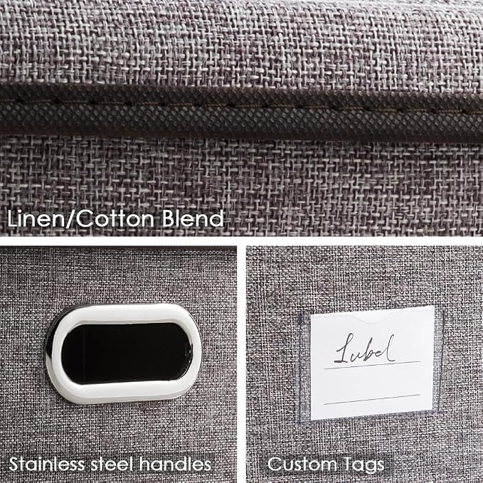 PRANDOM Collapsible Storage Containers with Lids [5-Pack] Linen Fabric Foldable Storage Bins Boxes Organizer Baskets Cube with Cover for Home Bedroom Closet Office Nursery (14.9x9.8x9.8)