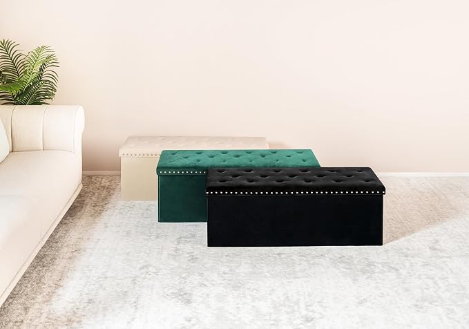 PINPLUS Folding Storage Ottoman Bench, Black Faux Leather Long Ottoman Chest, Footrest Seat, Blanket Storage for Living Room Bedroom Office Hallway, 43.3"x15"x15"