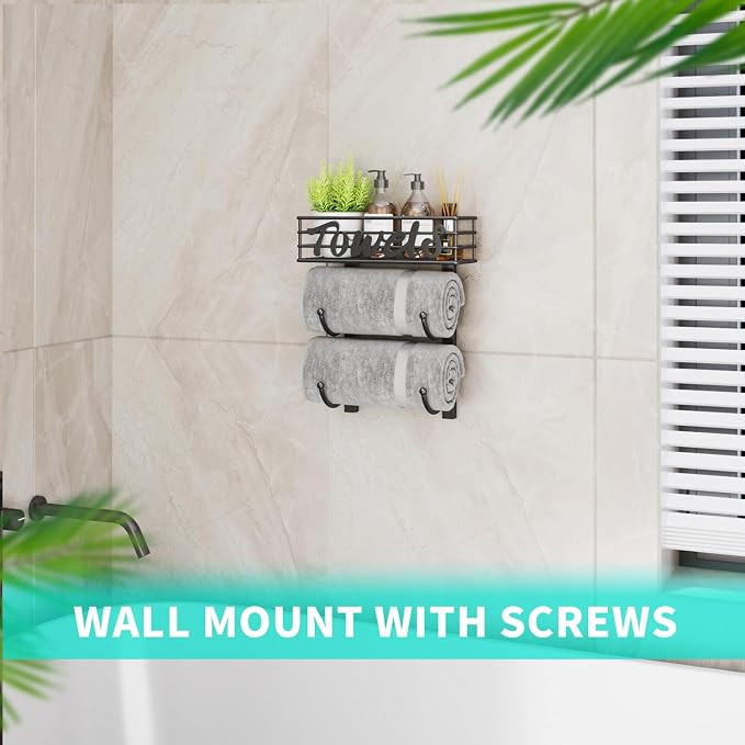 HapiRm Towel Racks for Bathroom Storage - 3 Tier Over The Door & Wall Mount Rolled Towel Storage Organizer Holder with Metal Shelf Basket for Small Bathroom, Camper, Rv - Black, Patented