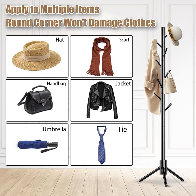 Aliphon Wooden Coat Rack Stand, Freestanding Coat Rack with 8 Hooks, 3 Adjustable Size Coat Tree for Hats, Coats, Scarves bags, Coat Hanger Stand Used in Bedroom/Office/Entryway (Black)