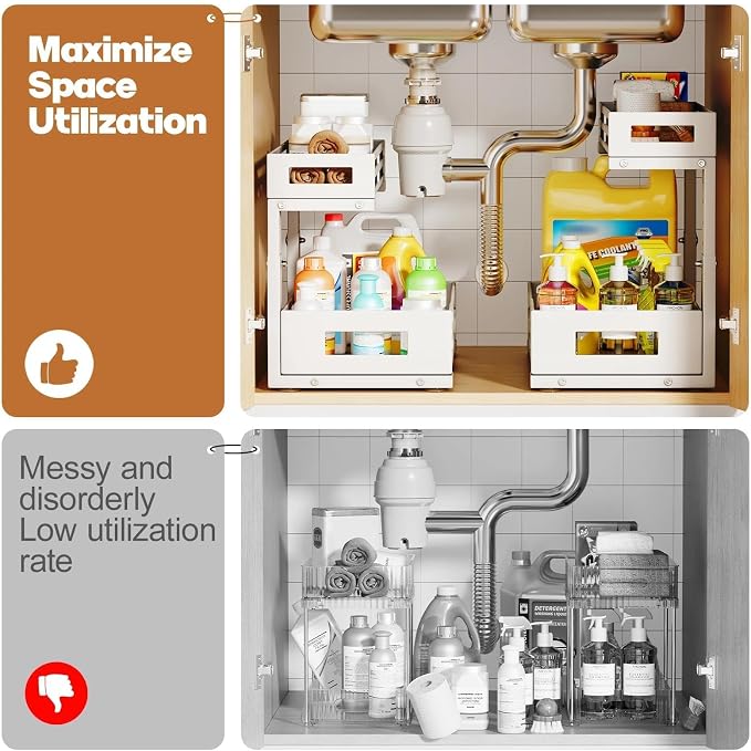L-Shaped Metal Under Sink Organizer, 2-Tier Double Pull-Out Cabinet Organizer for Kitchen & Bathroom Storage, Height Adjustable, Smooth Cylinder Rail, White, 2 Packs