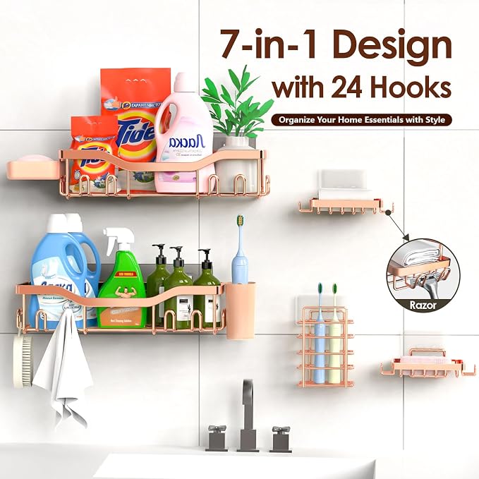 NESOMI Shower Caddy Adhesive Shower Organizer 7-Pack, Rustproof Stainless Steel Bathroom Shelves, Large Capacity No-Drill Rack Storage Accessories with Soap Dish Toothbrush Holder Hooks