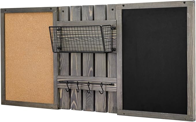MyGift 3 Panel Gray Solid Wood Bulletin Board Set Chalkboard Cork Board | Wall Mounted Design, Mail Basket Storage, Hanging Rail, Entryway Command Center, Home Office Organization