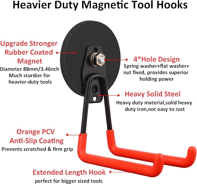 ULIBERMAGNET Magnetic Hooks,Heavy Duty Magnet Hook,Large Manget with Hooks for Hose,Jig Saw,Circular Saw,Workshop Organization,2 Pack Tool Hooks for Hammer Drill,Garden Tool(3.46inch/Orange)