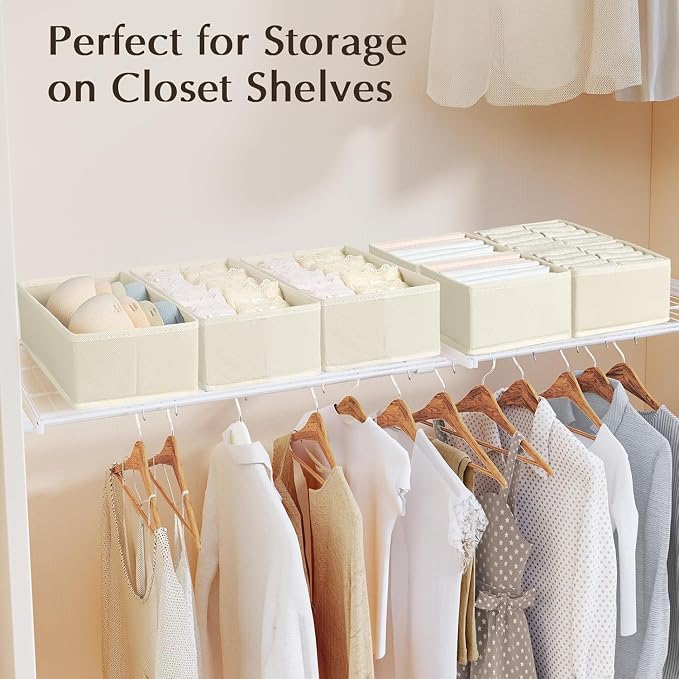 DIMJ Drawer Organizers Clothes, Set of 10 Dresser Organizer Bins, Fabric Closet Organizers and Storage, Shallow Drawer Dividers for Nursery, Clothing, Baby Clothes, Socks, Underwears, Tie (Beige)