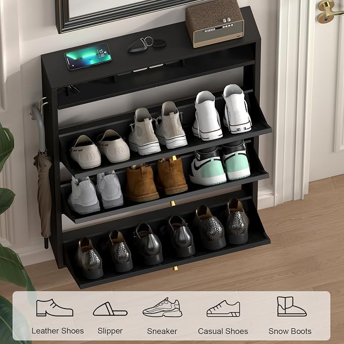 Modern Enclosed Shoe Rack, 3 Flip Drawer Shoe Storage with Open Top Shelf & Hooks, Slim Wall Mounted Shoe Cabinet for Small Space, Thin Storage for Shoes, Anti-Tip Design, Black