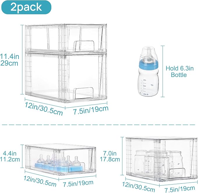 Vtopmart Clear Stackable Storage Drawers, 4 Pack Kitchen Cabinet Set | Medium and Small Pull-Out PET Drawers with Stackable Design for Kitchen Cabinets, Pantry, Under Sink, Medicine