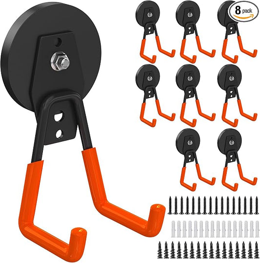 8 Pack Heavy Duty Storage Magnetic Utility Hooks Large Garage Strong Extra Magnet Hooks Hanger with Anti-Slip Coating Heavy Duty Magnetic Hooks for Hanging Power Dril Garage Garden Tools Orange