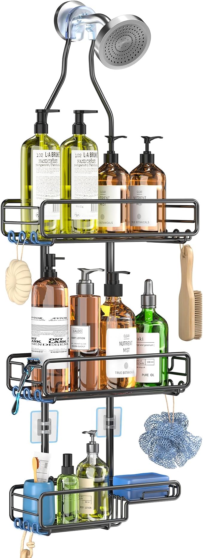 Skyapex Shower Caddy Hanging Bathroom Organizer: Over Head Adjustable Rack for Tall Showerhead - Extra Large Storage Shelf for Big Shampoo Bottles with Soap Holder