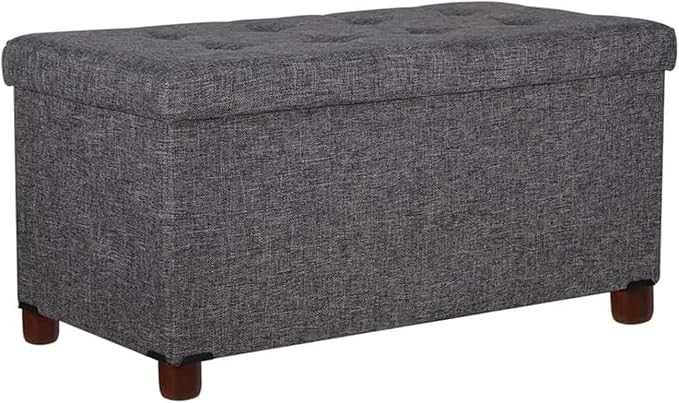 30 Inches Storage Ottoman Bench, Rect Grey, Modern, Classic Style, Linen Fabric, Walnut Wood Legs