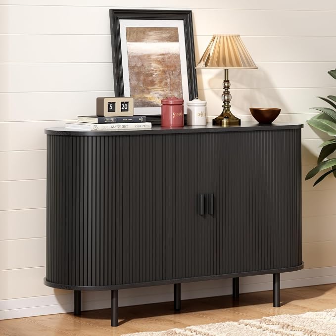 48" Sideboard Buffet Cabinet with Storage, Storage Cabinet with Sliding Door & Adjustable Shelf, Modern Accent Coffee Bar Console Table for Kitchen, Entryway, Black