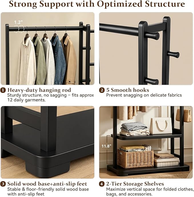 Solid Wood Clothes Rack with 2 Shelves & 4 Hooks for Hanging Clothes Garment Wallets Hats, Black Clothing Rack Heavy Duty Coat Rack Freestanding with Storage Hall Tree for Hallway Bedroom Living Room | Hallway bedroom living room, durable wood construc...