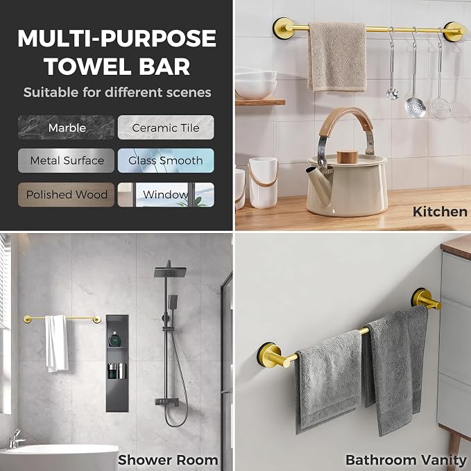 Adjustable Suction Cup Towel Bar for Bathroom Wall,17Inch~29 Inch Towel Racks for Bathroom,Stainless Steel Bath Towel Holder for Shower,2 Pack(Brushed Gold)
