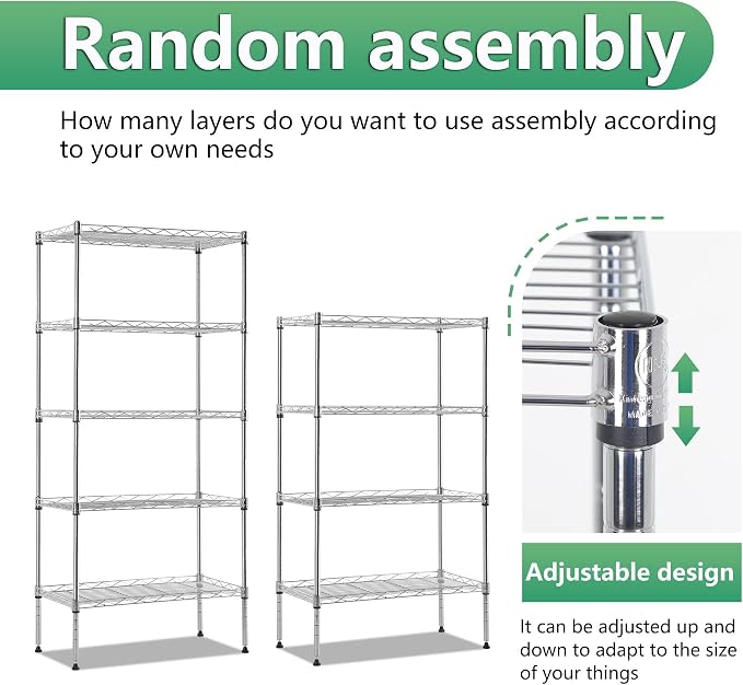 BestOffice | 5-Tier Wire Shelf | 22" x 12" x 48" | Chrome | Storage Shelves with Adjustable Racks, Holds upto 750 lbs | Rust-Resistant, No-Tool Assembly | For Home, Garage