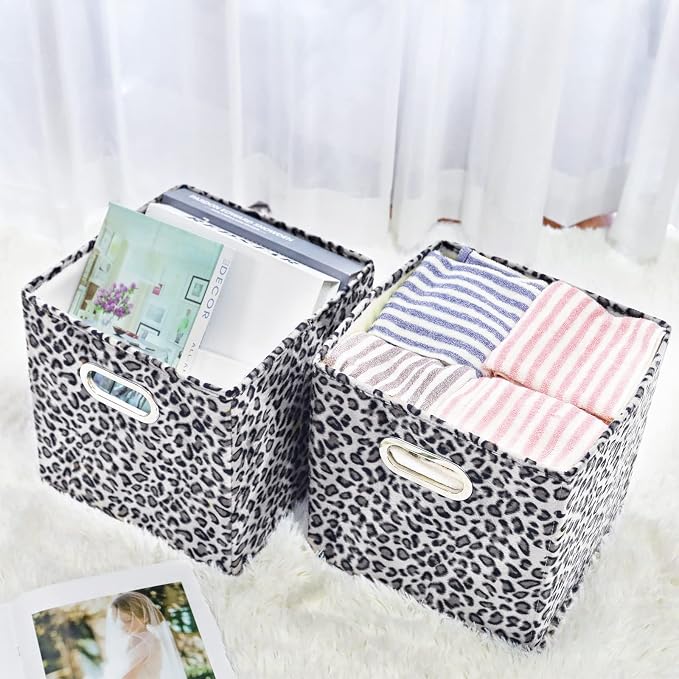 ANMINY Leopard Cheetah Print Storage Cubes Bins, Velvet, Gray, 13Inch 4PCS | Collapsible & Washable, PP Board Frame, Built-in Metal Handles, Animal Themed Fabric Cubes Baskets for Closet Shelves Decor