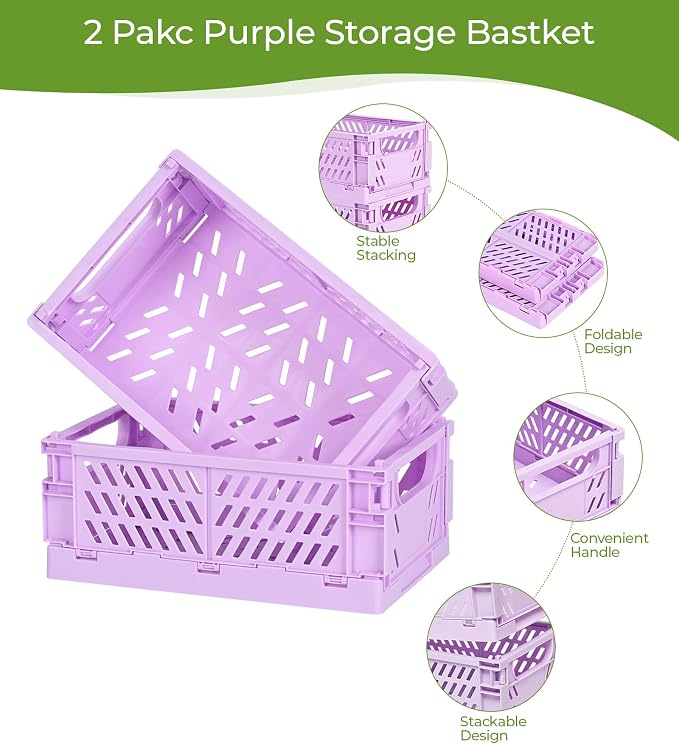 HUUSMOT 4-Pack Collapsible Plastic Storage Baskets, Purple, 9.8"x6.5"x3.8" | Pastel, Space-Saving, Collapsible Plastic Bins, Cute Mini Storage Crates, for Classroom, Kitchen, Office, Bedroom