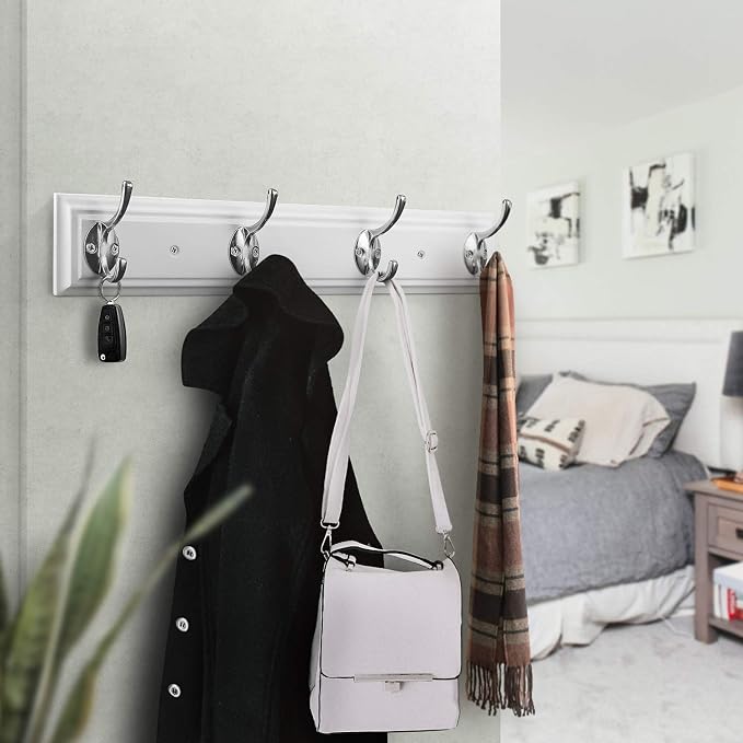 Coat Rack Wall Mounted White, 17" Wooden Modern Wall Coat Hanger with 4 Hooks, Heavy Duty Zinc Alloy Wall Hook Rack for Hanging Coats, Keys, Bags, Great Touch for Bedroom Bathroom Kitchen | 17"