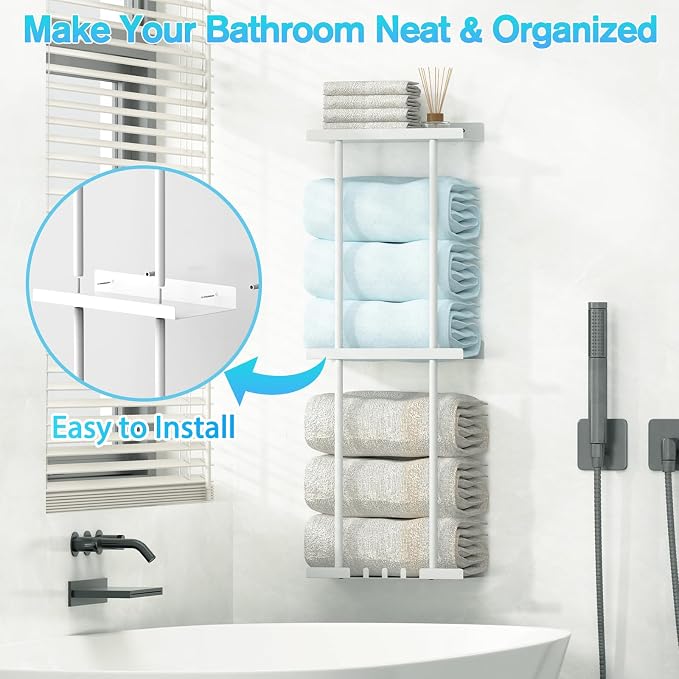 Liuoud Towel Rack for Bathroom, Wall Mounted Vertical Rolled Towel Storage Organizer Holder with Shelf, Holds Up 6 Large Bath Sheets, White Large Size