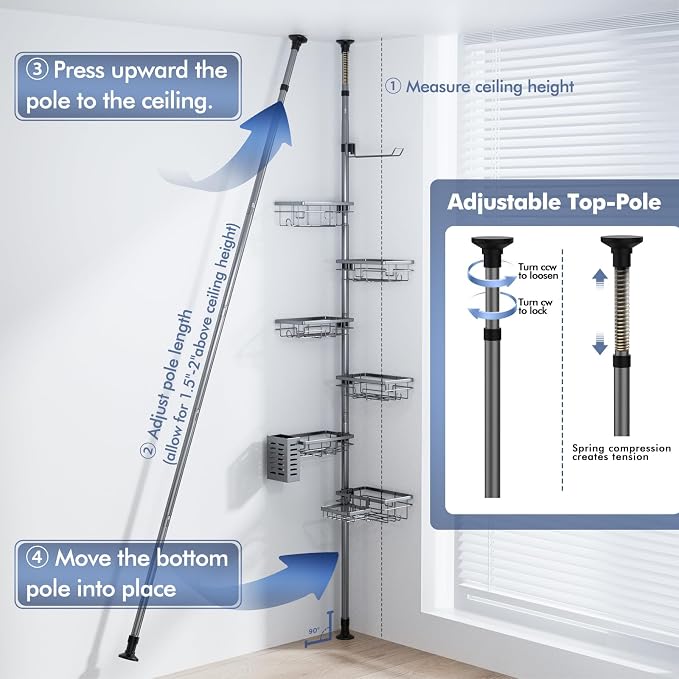 Corner Shower Caddy Tension Pole,Bathroom Shelf for Inside Shower Organizer | Adjustable 30-120’’ Storage, 6-Tier Shower Shelves, Rustproof Shower Rack with Towel Bar, Soap Dish & Toothbrush Holder