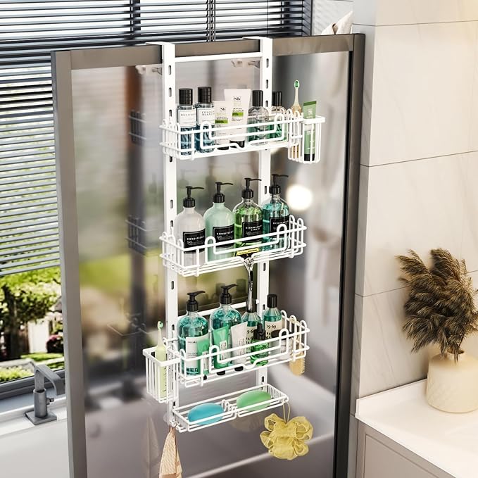 HapiRm 4 Tier Over the Door Shower Caddy, Hanging Shower Caddy with 22 Hooks and 2 Toothbrush Holders, No Drilling Adjustable Hanging Bathroom Organizer - White