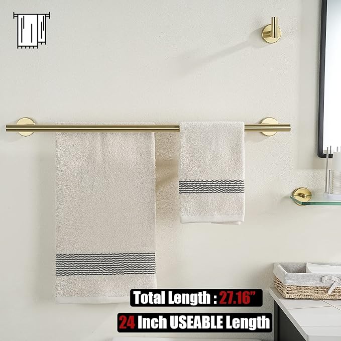 JQK Double Towel Bar 27 Inch, Brass Gold Useable Length 24 Inch 304 Stainless Steel Thicken 0.8mm Bath Towel Rack for Bathroom, Towel Holder Wall Mount 2 Pack, TB100L24-BG-P2