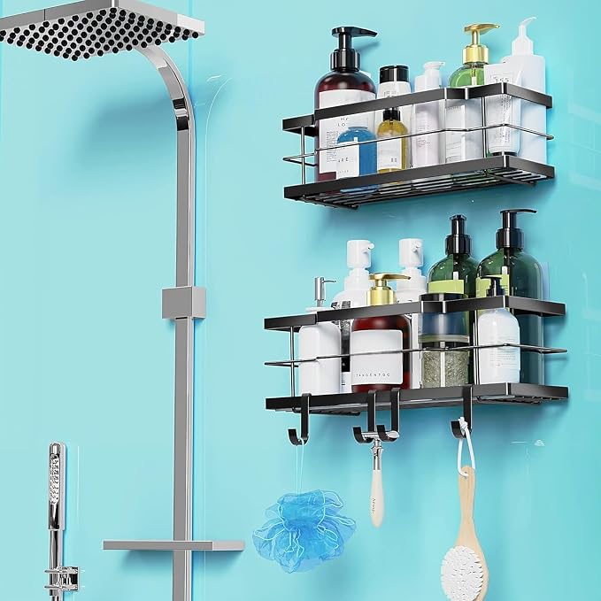 Moforoco Shower Caddy Shelf Organizer Rack, Self Adhesive Black Bathroom Shelves Basket, Home Farmhouse Wall Inside Organization and Storage Decor Rv Accessories, First Camper Apartment Essentials