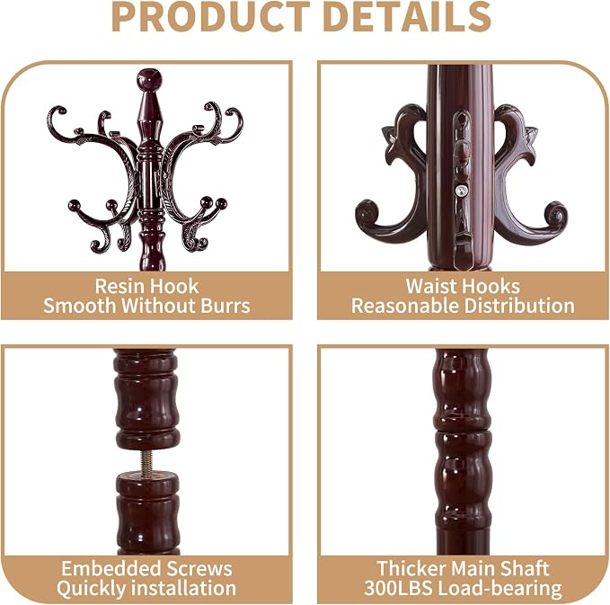 ZOZOE Wooden Coat Rack Stand,Vintage Coat Rack Freestanding with 14 Hooks | Solid Wood Coat Rack,Classic Coat Hanger Stand,Natural Birch Wood Coat Clothes Hall Tree Stand for Entryway Hallway Corner