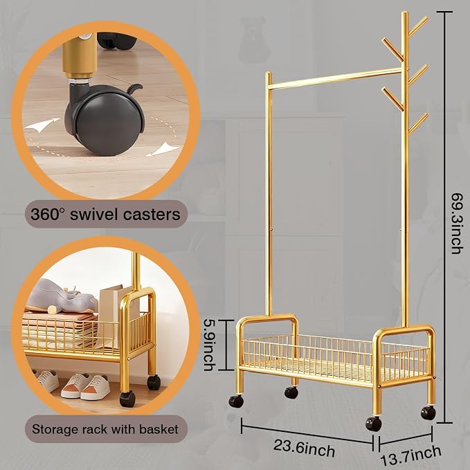 MYUPDALIN Clothes Rack with Shelves, Clothing Rack with Wheels, Multifunctional Hangers with Storage Baskets and Shoe Racks, Ideal for Bedrooms and Living Rooms (Gold, 60cm/23in)
