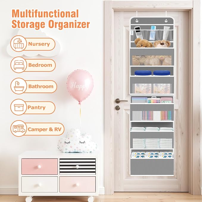 Over The Door Organizer Storage Large Capacity Hanging Bedroom Storage | 6 Shelves, Detachable, 40 LB Capacity, Mesh Design, Clear Window, Sturdy, Storage Organizer for Nursery, Pantry & Closet